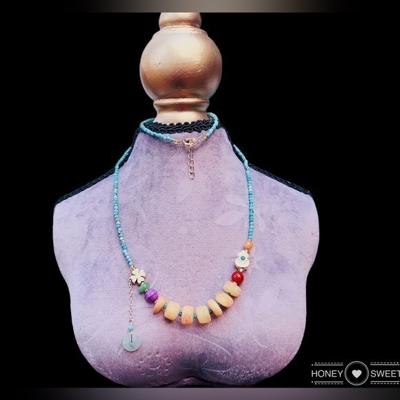 COPY - - Multi Gemstone Necklace natural Amber& Turquoise